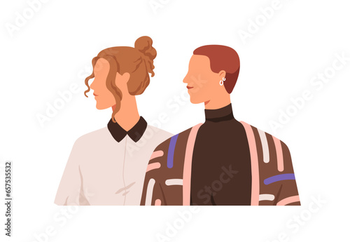 Young women looking in one direction. Girls couple, faces profiles, heads turned aside. Female friends together, neutral emotions, expression. Flat vector illustration isolated on white background