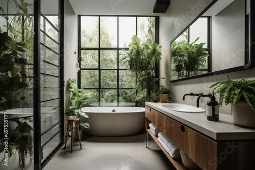 A plant-filled bathroom with a large window and mirror. Generative AI © Naida