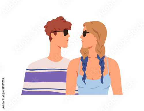 Young couple, man and woman in sunglasses, looking at each other. People faces meeting. Emotionless characters in love. Relationship concept. Flat vector illustration isolated on white background