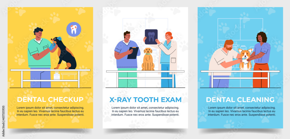 Vertical poster set of Vet clinic Dental checkup Dog. Template banner Dental Care, X-ray, brush teeth treatment Pet. Flat vector illustration