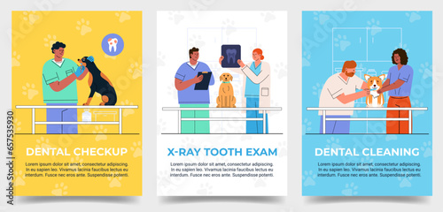Vertical poster set of Vet clinic Dental checkup Dog. Template banner Dental Care, X-ray, brush teeth treatment Pet. Flat vector illustration