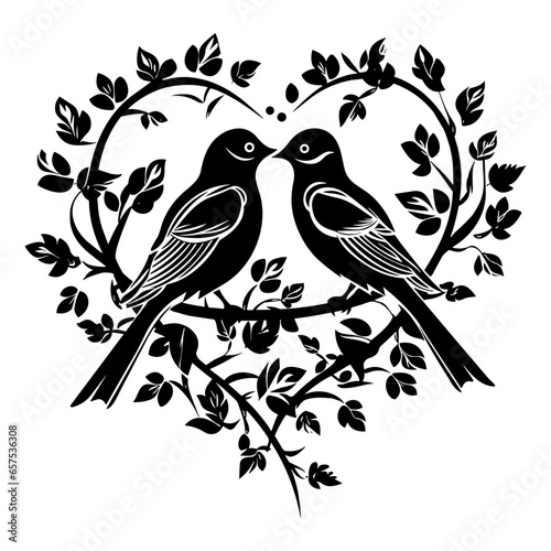 love birds, Wall Decals, Birds Couple in Love, Birds Silhouette on branch and Hearts Illustrations isolated on white background .Art Decoration © Natworanat