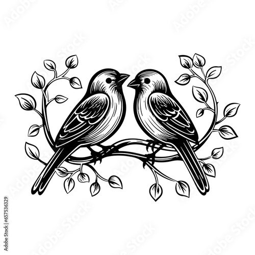 love birds, Wall Decals, Birds Couple in Love, Birds Silhouette on branch and Hearts Illustrations isolated on white background .Art Decoration