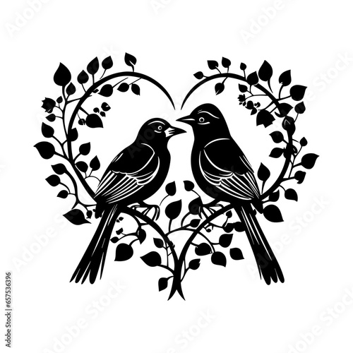 love birds, Wall Decals, Birds Couple in Love, Birds Silhouette on branch and Hearts Illustrations isolated on white background .Art Decoration