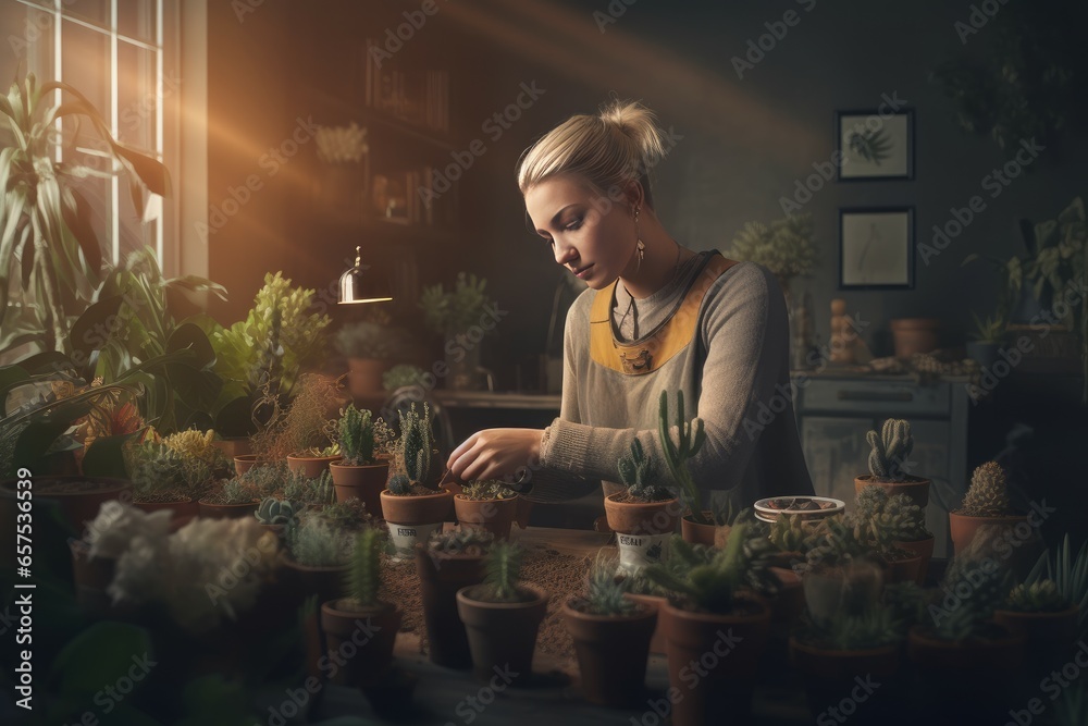Woman repotting plants. Garden work. Generate Ai Woman repotting plants. Garden work. Generate Ai