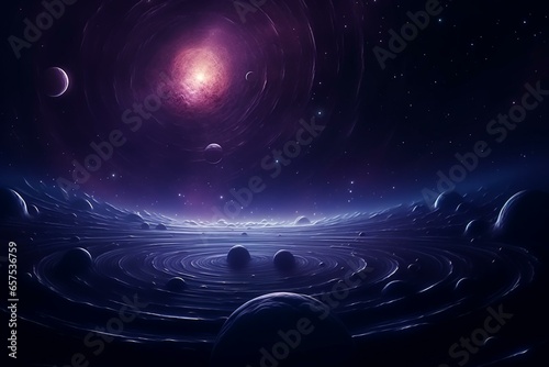 Dark void with celestial bodies. Futuristic background of endless cosmos. Generative AI