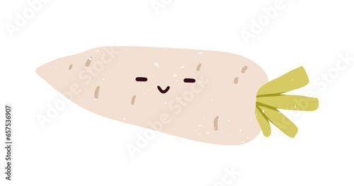 Happy smiling daikon character. Cute funny vegetable, glad cheerful emotion, ...
