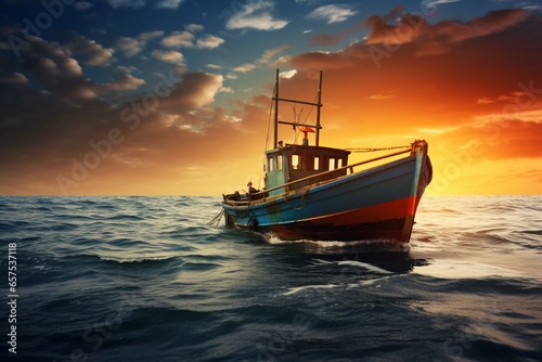 A fishing boat on the ocean. Generative AI
