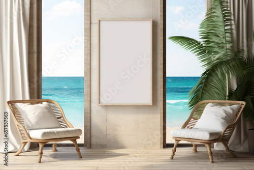 Modern minimal frame mockup, empty wooden picture frame mockup on table. Scandinavian Summer sea interior design with elegant home office working space. Generative AI © ABC Vector