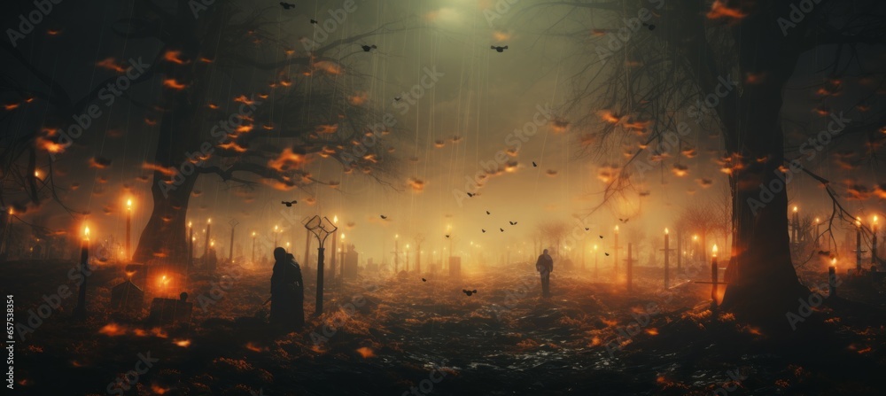Halloween horror graveyard. Generative AI technology.	

