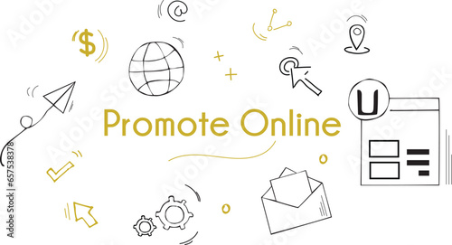Elegant golden and black color hand drawn promote online vector doodle |  promote online  illustration sketch with web, growth, promote, text, location, click and other symbols.