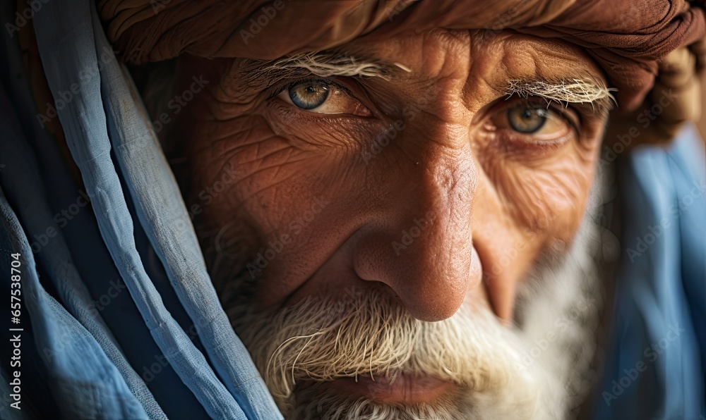 The close-up image reveals the intricate details of an old man's face, proudly displaying the symbols of ancient culture. - obrazy, fototapety, plakaty 
