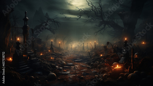 scary night background  halloween concept. spooky cemetery and creepy trees in dark fog 