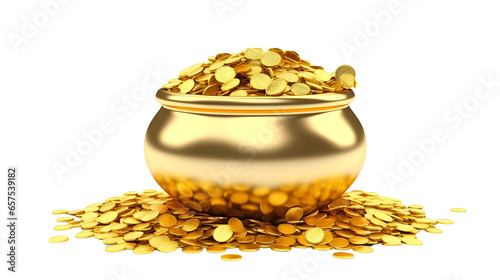 Leprechaun pot of gold and luck, traditional for Irish St. Patrick's day. Shiny golden pot overflowing with gold coins isolated on white background