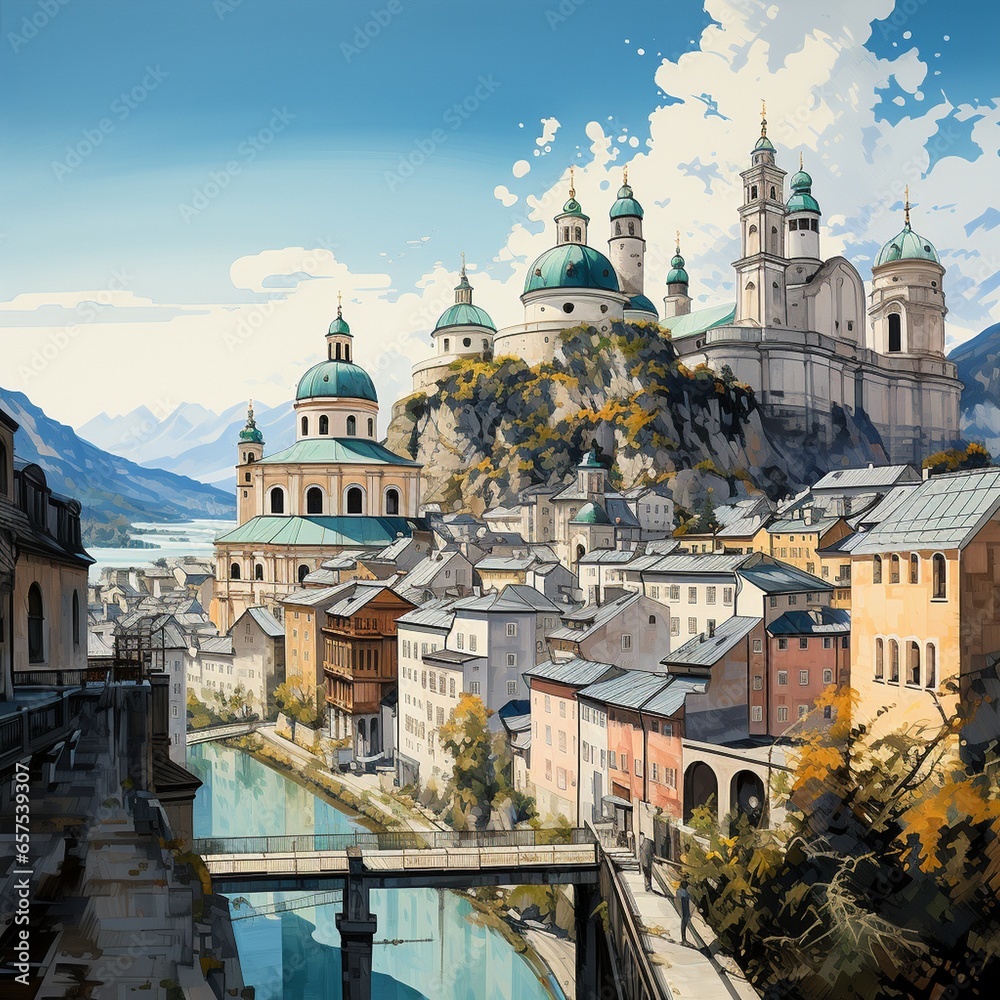 Naklejka premium salzburg gemalt fiktiv generative ki bild auf die burg kappelle dom domplatz