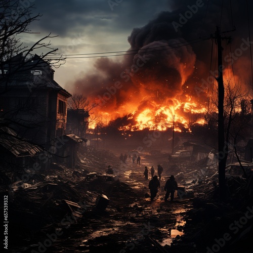 ukrain war fiktiv generative ki   ai  war bome brennende h  user stadt zerbombt mit ruinen udn flammen inferno 