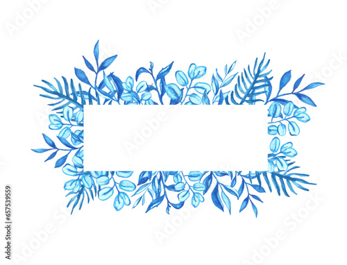Blue watercolor leaves horizontal frame for card or invitations.Hand drawn greenery bouquet, vector isolated illustration
