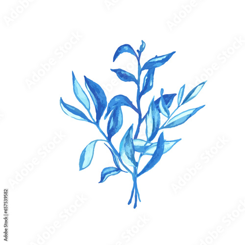 Blue watercolor leaves for card or invitations. Hand drawn greenery bouquet  vector isolated illustration.