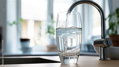 Clean Tap Water in Kitchen: Filling Glass Cup