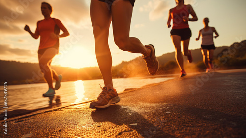 Close-Up of Runners’ Legs on Sunrise Seaside Trail