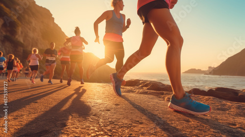 Close-Up of Runners’ Legs on Sunrise Seaside Trail