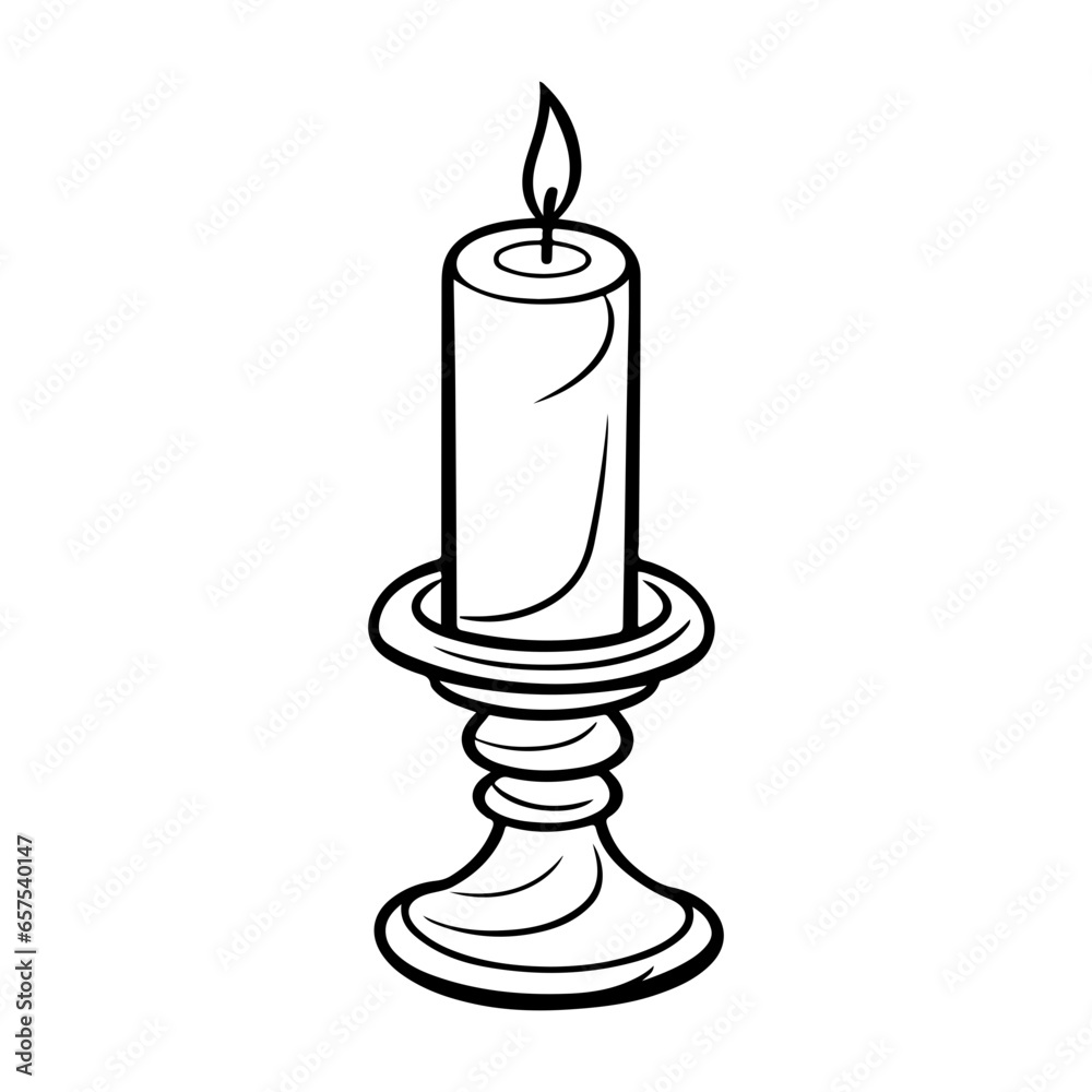 burning candles ordinary and in a glass candlestick on a tray  vector isolated black white silhouette.