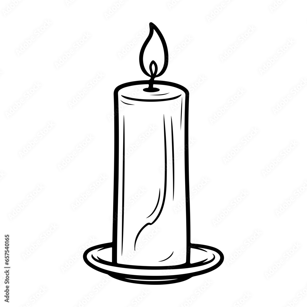 burning candles ordinary and in a glass candlestick on a tray  vector isolated black white silhouette.