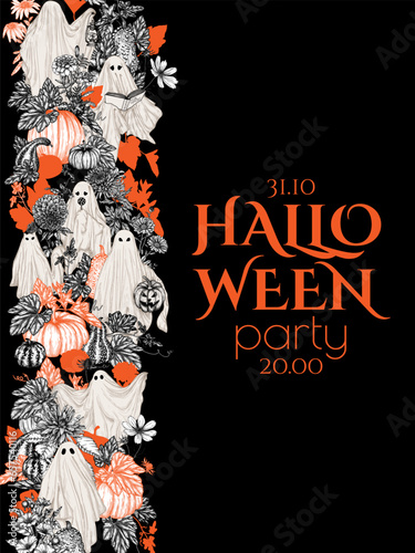 Vector template of halloween invitation with different ghosts in flowers and pumpkins in engraving style. Ghost with a book, with a lamp, with a bouquet, with a candy, with halloween pumpkin