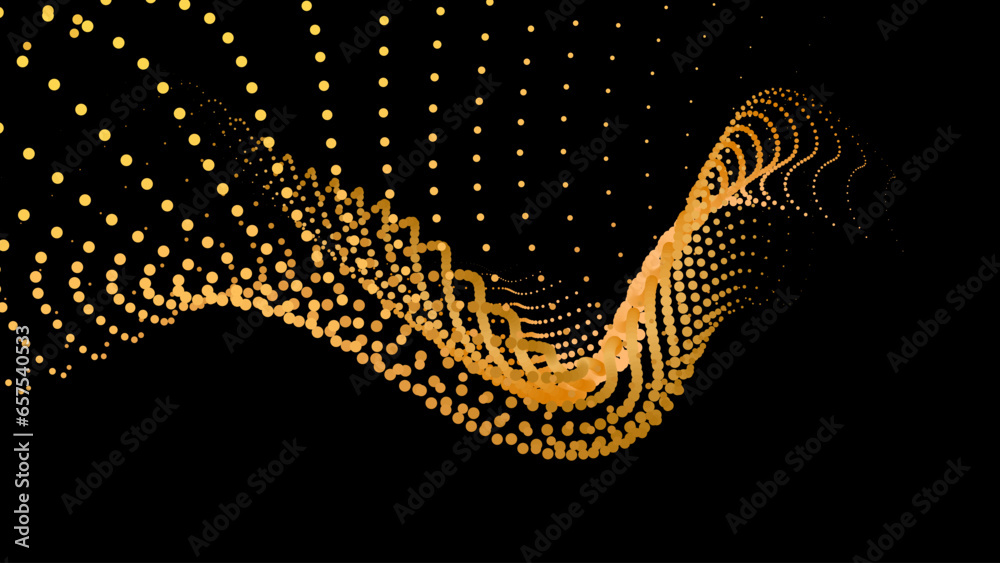 Data vibrate pulse dot particle wave. Abstract bulge hyperbola sinusoid. Infinity transition gradation 3d waveform background. Black gold.
