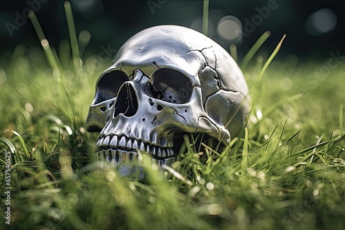 stailess skull in the grass photo