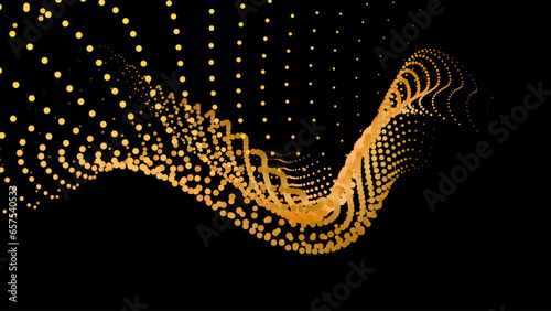 Data vibrate pulse dot particle wave. Abstract bulge hyperbola sinusoid. Infinity transition gradation 3d waveform background. Black gold.