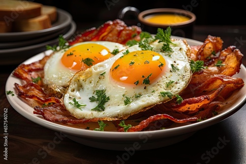 Classic combination of fried eggs and crispy bacon strips on a breakfast plate.