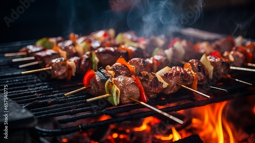 Delicious shashlik skewers with meat and vegetables on a charcoal grill outdoors photo
