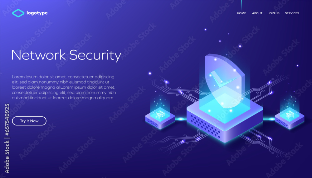Network data security isometric vector illustration. Online server protection system concept with datacenter and artificial intelligence. Secure bank transaction via internet.