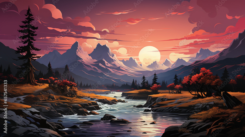 beautiful sunset in mountains with river, forest. vector illustration