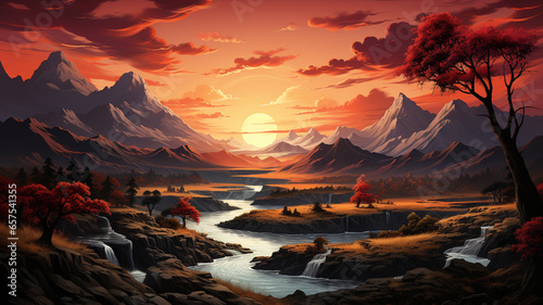 beautiful sunset in mountains with river, forest. vector illustration