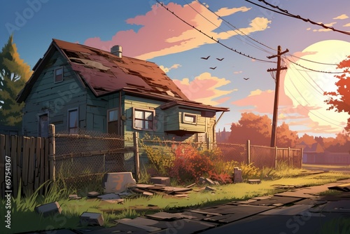 A parallax background featuring a rundown suburban house, broken fence, and satellite dish; suitable for game animation. Generative AI photo