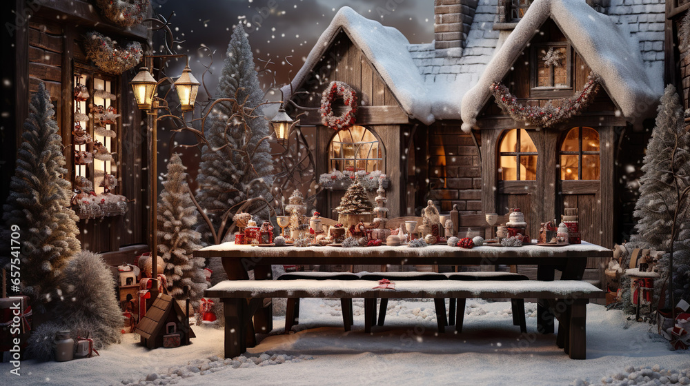 Christmas wooden house with table and bench, decorated for Christmas, lanterns, snow and snowflakes in winter