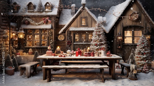 Christmas wooden house with table and bench, decorated for Christmas, lanterns, snow and snowflakes in winter | Generative AI