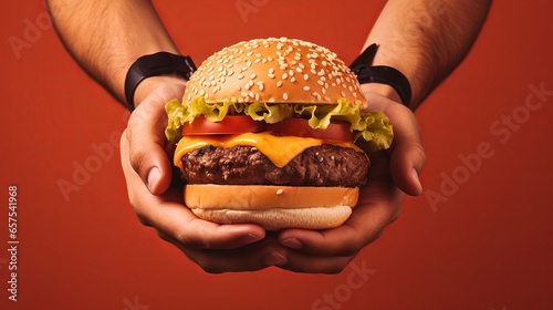Delicious Burger with Fresh Vegetables and Cheese in Hands on Bright Yellow Background © Ameer
