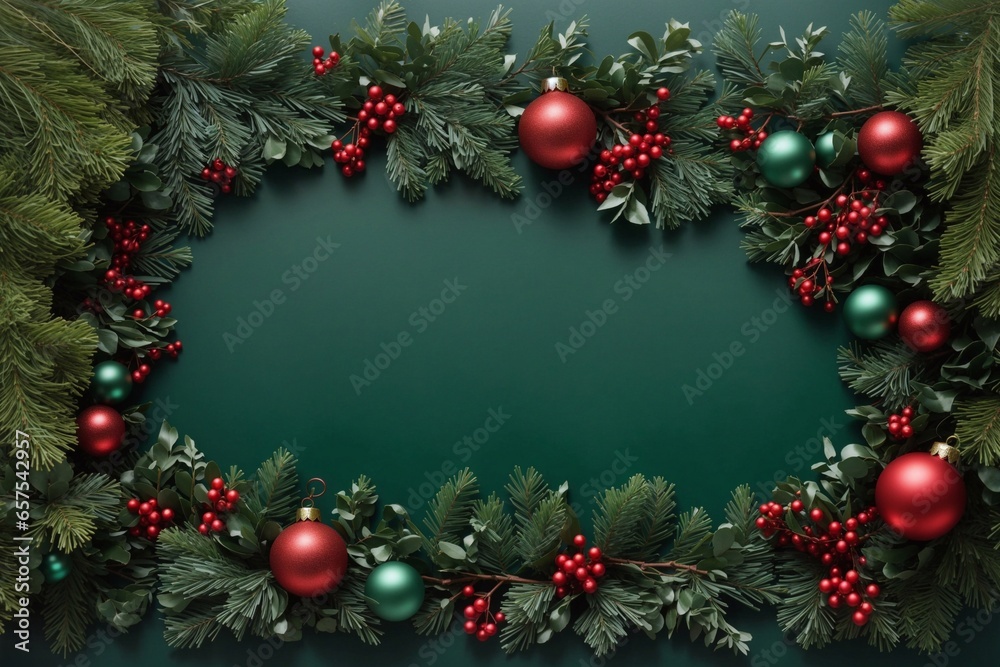 Christmas background with branches and decorations, Merry and Bright: Christmas Greenery and Toys. Copy Space.