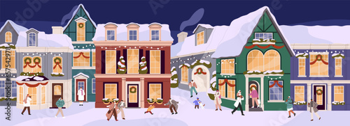 Christmas city panorama. Happy people walking, playing with kids on snow street. European town on Xmas eve, Noel. New Year cityscape with decorated houses. Winter holidays. Flat vector illustration