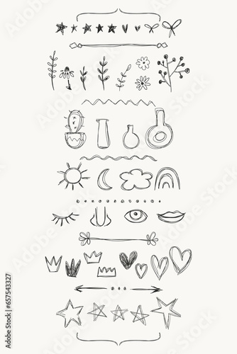 Hand drawn simple doodle element collection. Star, bow, heart, flower, plant, vase, sun, moon, cloud, rainbow, eye, nose, lips, crown, ornament dividers. Sketch set, isolated objects on white backdrop