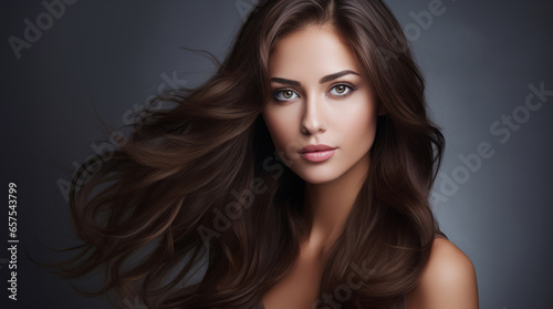 Beautiful young woman with long dark hair as cosmetic model