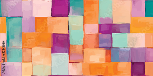 Trendy abstract geometric seamless pattern colored squares and rectangles in acrylic with purple, emerald, orange and blue brush strokes, Fashionable template for design. Flat color blocks, shapes
