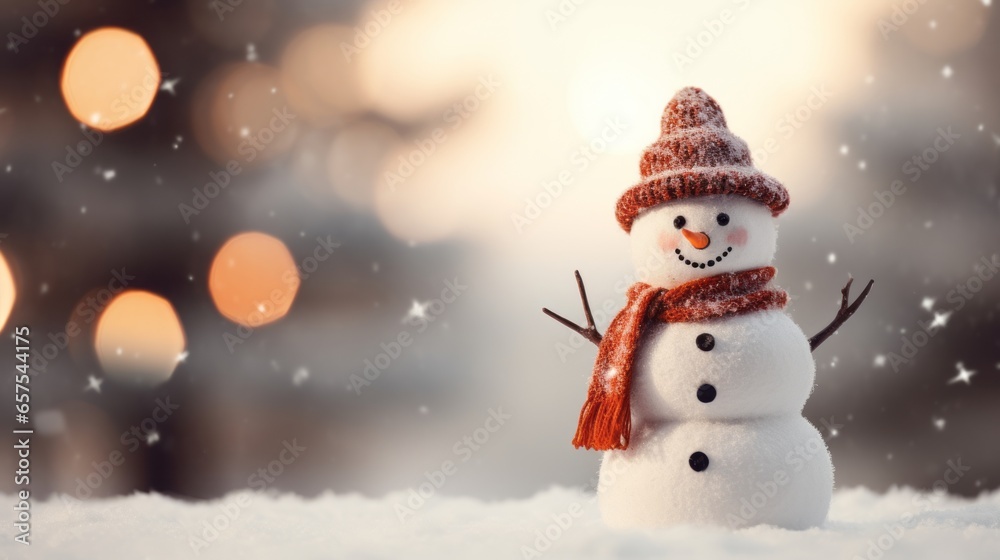 Merry christmas and happy new year greeting card with copy-space.Happy snowman standing in christmas landscape.Snow background.
