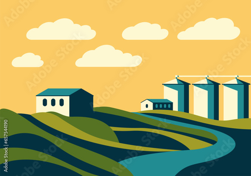 Landscape with farm houses and silo towers photo