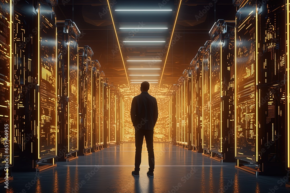 High-Tech Data Center with Business Person in Tron Neon Lights High-Tech Data Center with Business Person in Tron Neon Lights