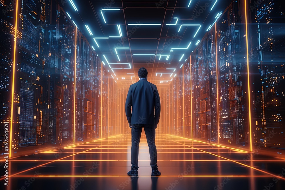 Obraz premium High-Tech Data Center with Business Person in Tron Neon Lights