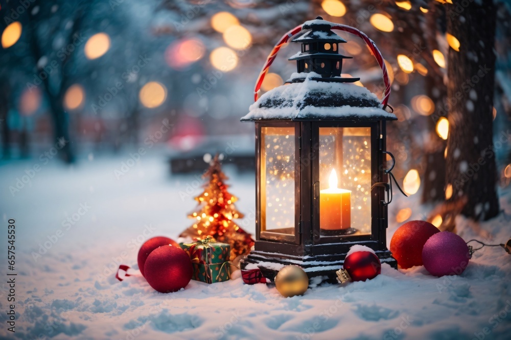 Christmas decoration with a lantern in the snow in a winter park with beautiful bokeh. Generative Ai. Christmas decoration with a lantern in the snow in a winter park with beautiful bokeh. Generative Ai.